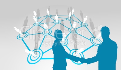 Composite image of smiling business people shaking hands while l