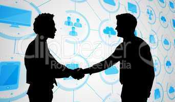 Composite image of smiling young businessmen shaking hands in of