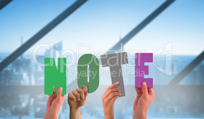 Composite image of hands showing note Composite image of hands showing note