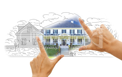 Hands Framing House Drawing and Photo on White