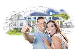 Military Couple with Keys Over House Drawing and Photo