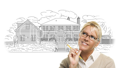 Woman with Pencil Over House Drawing on White