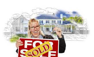 Woman Holding Keys, Sold Sign Over House Photo and Drawing