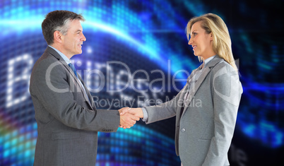 Composite image of pleased businessman shaking the hand of conte