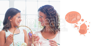 Composite image of happy mother and daughter painting easter egg