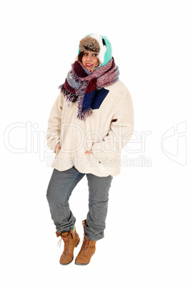 Woman in coat and scarf.
