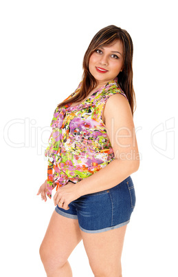 Woman in jeans shorts.