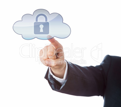 Arm In Suit Pointing At Secured Lock In Cloud Icon