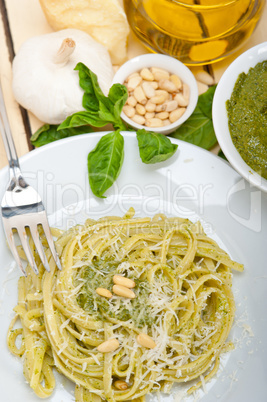 Italian traditional basil pesto pasta ingredients