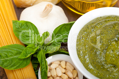 Italian traditional basil pesto pasta ingredients