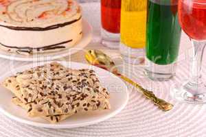 sweet cake on white plate and juice