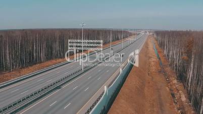 Flying Above Highway with Traffic Cars, aerial view