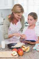 Happy mother and daughter preparing cake together