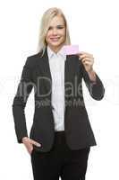 businesswoman with pink card