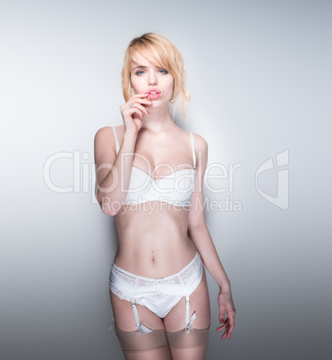 Portrait of Blond Woman Wearing White Lingerie