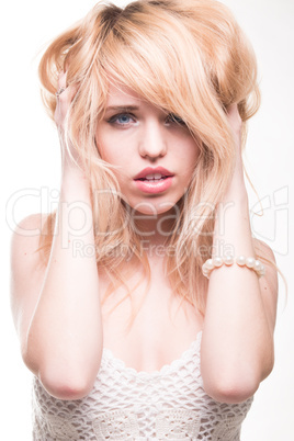 Blond Woman with Hands in Hair