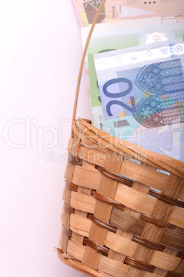 european money on wooden basket, dollars, euro