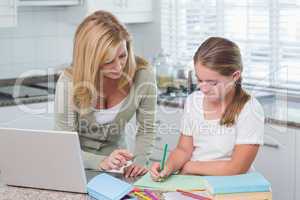 Mother helping daughter doing homework