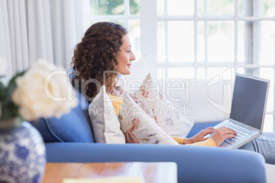 Pretty brunette relaxing on the couch with laptop Pretty brunette relaxing on the couch with laptop
