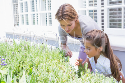 Mother and daughter tending to flowers