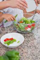 Mother and daughter preparing salad