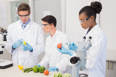 Scientists examining vegetables