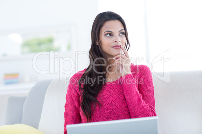 Smiling beautiful brunette using her laptop on the couch