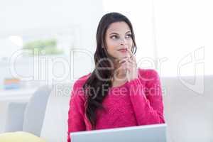 Smiling beautiful brunette using her laptop on the couch