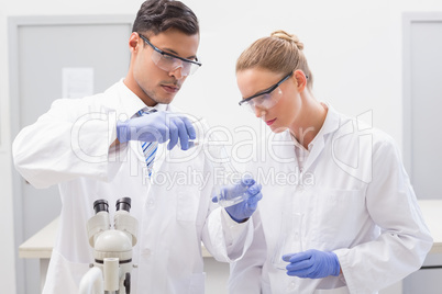 Focused scientists examining beaker