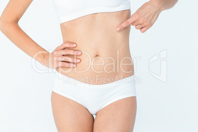 Attractive woman pointing her belly