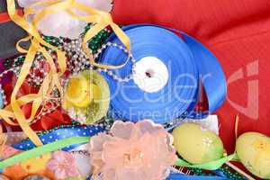 Easter background with eggs, ribbons and spring decoration