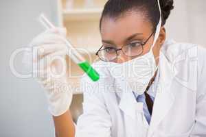 Concentrated scientist analyzing test tube