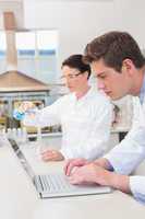 Scientist working attentively with laptop and another with beake