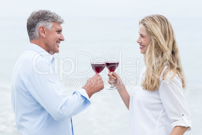 Happy couple smiling at each other and toasting