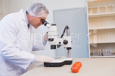 Food scientist looking through a microscope