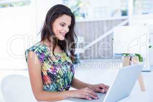 Smiling beautiful brunette using her laptop