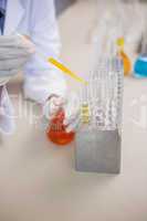 Scientist pouring orange fluid in test tube