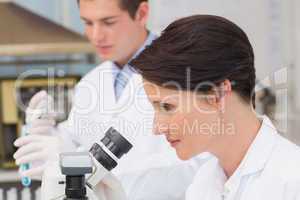 Scientists working with microscope and test tube