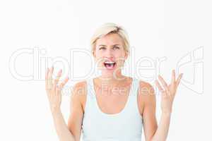 Angry blonde yelling with hands up