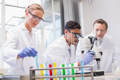 Concentrated scientists working together Concentrated scientists working together