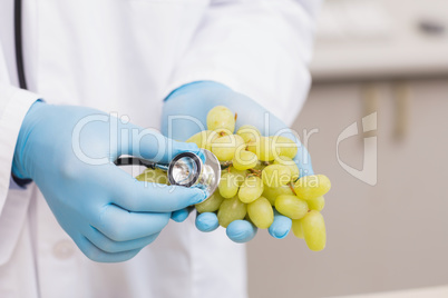 Scientist listening grapes with stethoscope