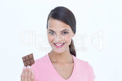 Pretty woman holding chocolate bars
