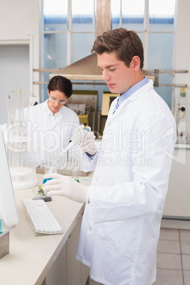 Scientists working attentively with test tube
