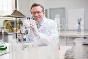 Scientist examining petri dish with microscope