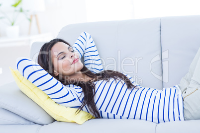 Smiling beautiful brunette relaxing on the couch