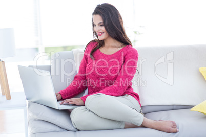 Smiling beautiful brunette using her laptop on the couch