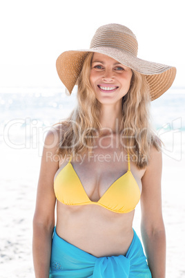 Smiling pretty blonde in bikini looking at camera