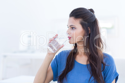 Smiling beautiful brunette sitting on the couch and drinking wat