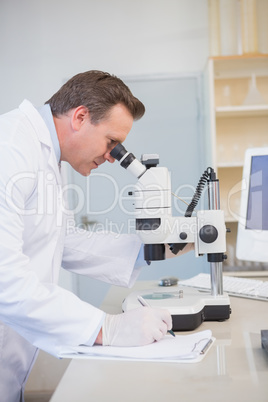 Scientist examining sample with microscope