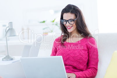 Smiling beautiful brunette using her laptop on the couch